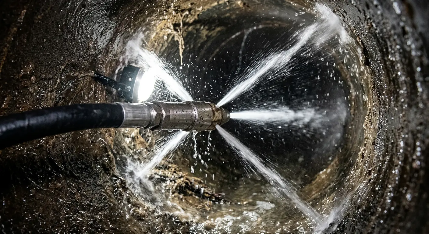 High-pressure hydro jetting nozzle cleaning sewer pipe for Sewer Cleanout in Millis