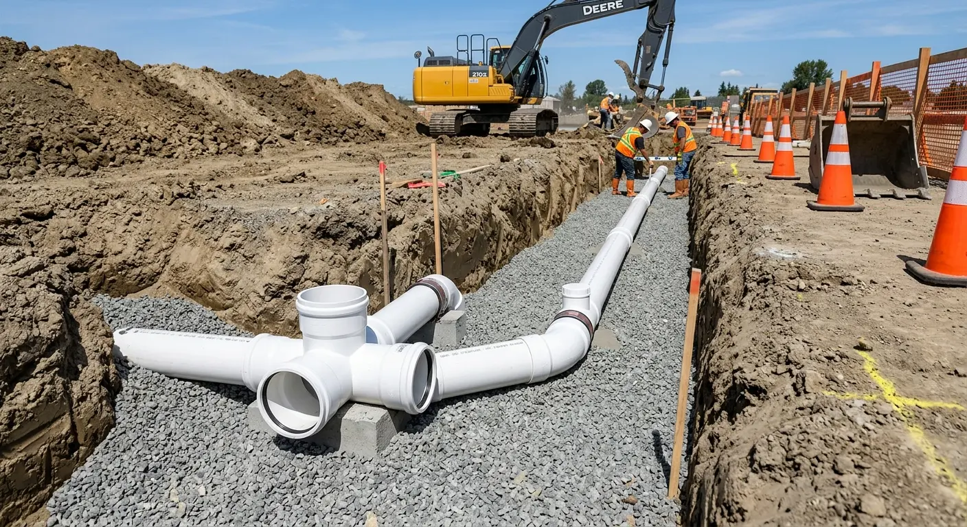 New PVC sewer pipe installation in open trench for Commercial Drain Cleaning in Millis