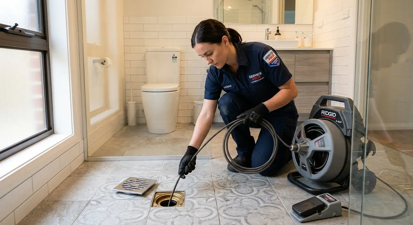 Technician clearing a bathroom floor drain for Drain Cleaning in Millis